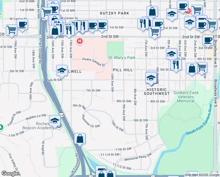 map of restaurants, bars, coffee shops, grocery stores, and more near 1005 7th Street Southwest in Rochester