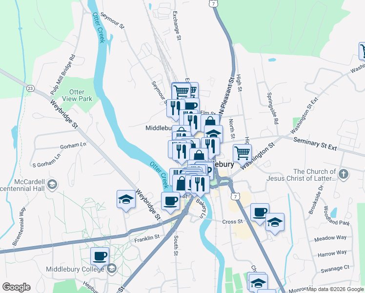 map of restaurants, bars, coffee shops, grocery stores, and more near 63 Maple Street in Middlebury