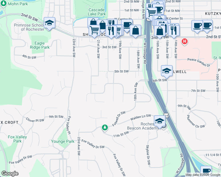 map of restaurants, bars, coffee shops, grocery stores, and more near 620 20th Avenue Southwest in Rochester