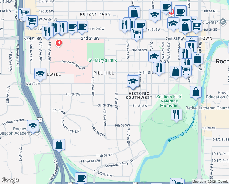 map of restaurants, bars, coffee shops, grocery stores, and more near 623 8th Avenue Southwest in Rochester