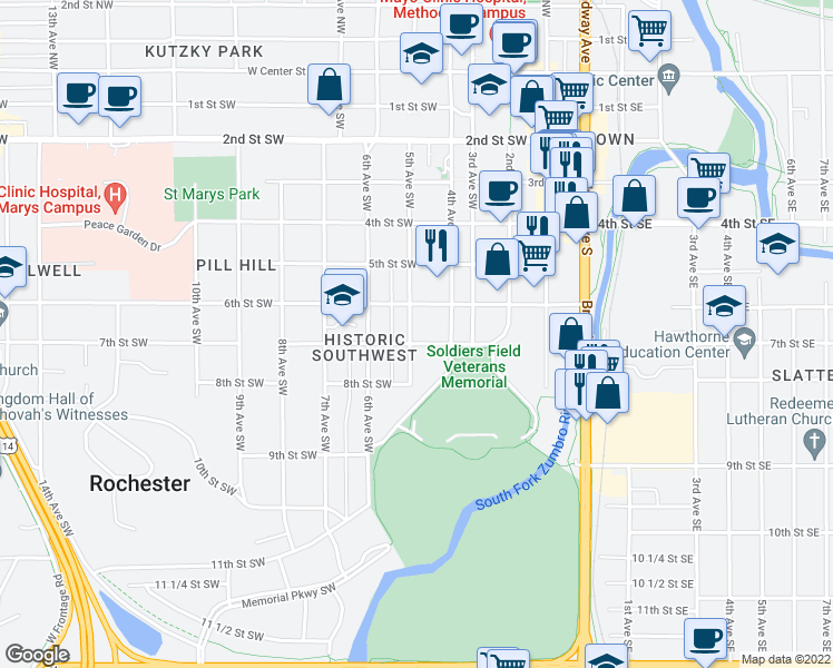 map of restaurants, bars, coffee shops, grocery stores, and more near 624 5th Avenue Southwest in Rochester