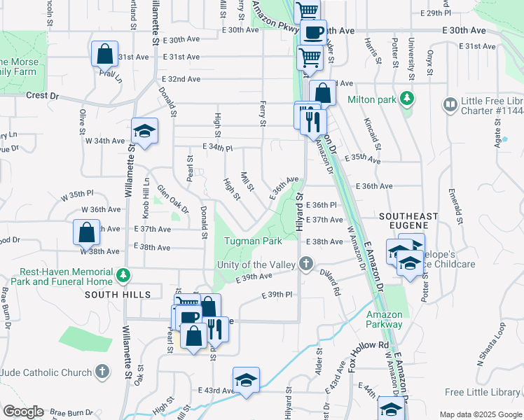 map of restaurants, bars, coffee shops, grocery stores, and more near 370 East 36th Avenue in Eugene