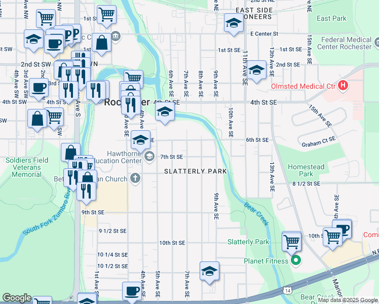 map of restaurants, bars, coffee shops, grocery stores, and more near 620 7th Avenue Southeast in Rochester