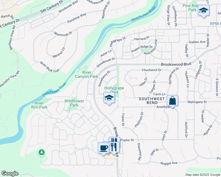 map of restaurants, bars, coffee shops, grocery stores, and more near 19450 Hollygrape Street in Bend