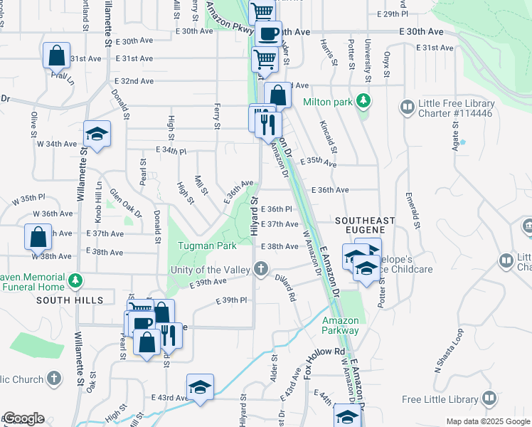 map of restaurants, bars, coffee shops, grocery stores, and more near 765 East 37th Avenue in Eugene