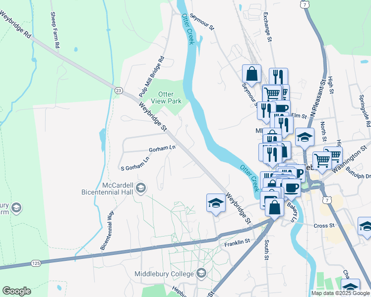 map of restaurants, bars, coffee shops, grocery stores, and more near 435 Weybridge Street in Middlebury