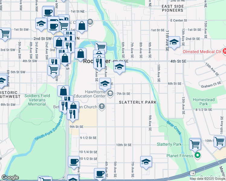 map of restaurants, bars, coffee shops, grocery stores, and more near 415 7th Street Southeast in Rochester
