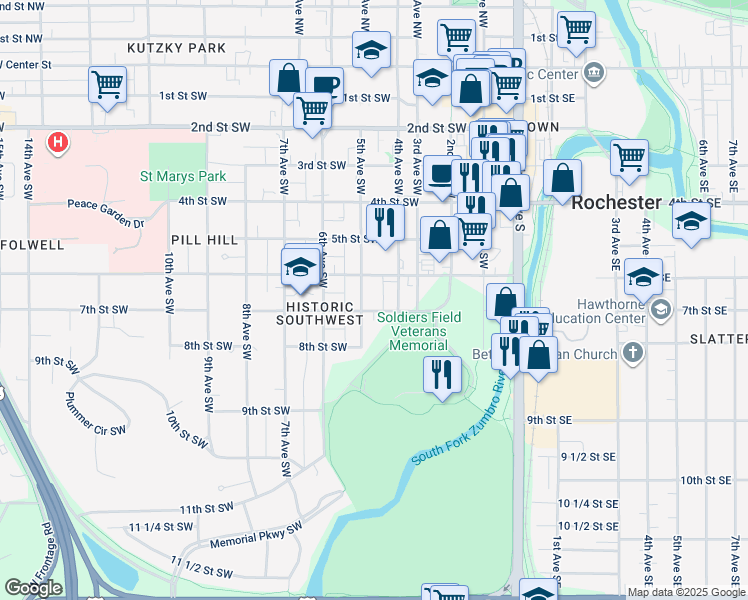 map of restaurants, bars, coffee shops, grocery stores, and more near 415 7th Street Southwest in Rochester