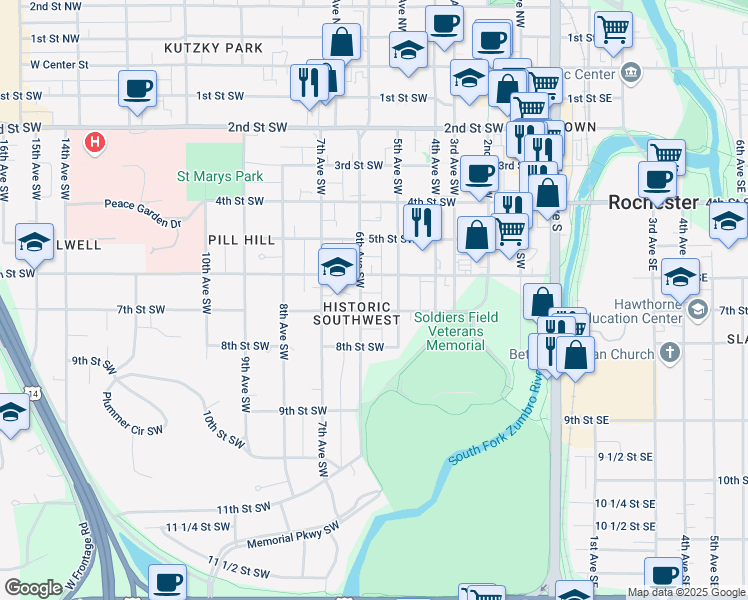 map of restaurants, bars, coffee shops, grocery stores, and more near 511 7th Street Southwest in Rochester