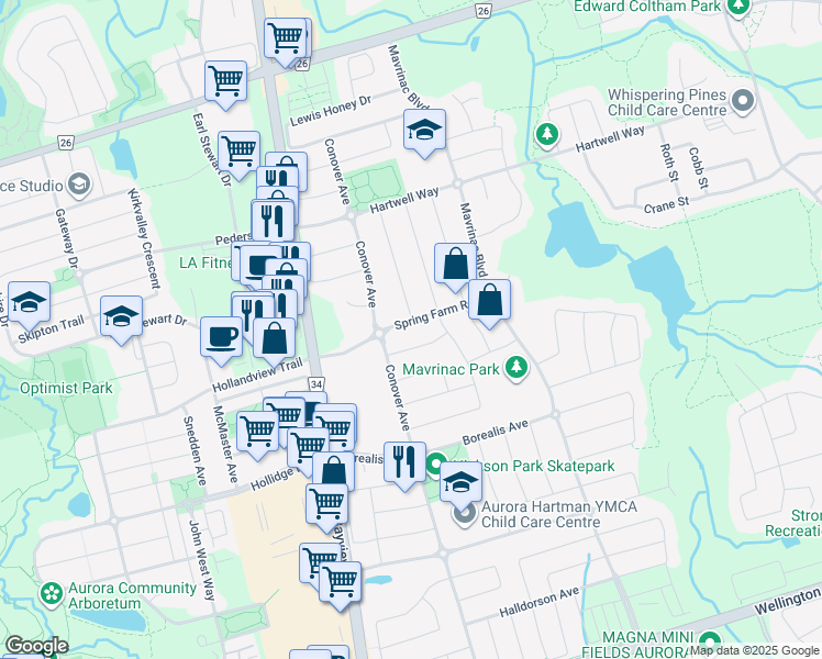 map of restaurants, bars, coffee shops, grocery stores, and more near 81 Spring Farm Road in Aurora