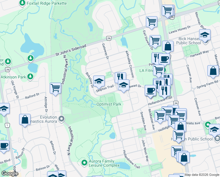 map of restaurants, bars, coffee shops, grocery stores, and more near 57 Skipton Trail in Aurora