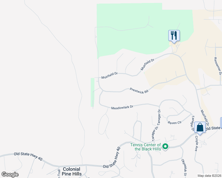 map of restaurants, bars, coffee shops, grocery stores, and more near Prestwick Dr in Rapid City