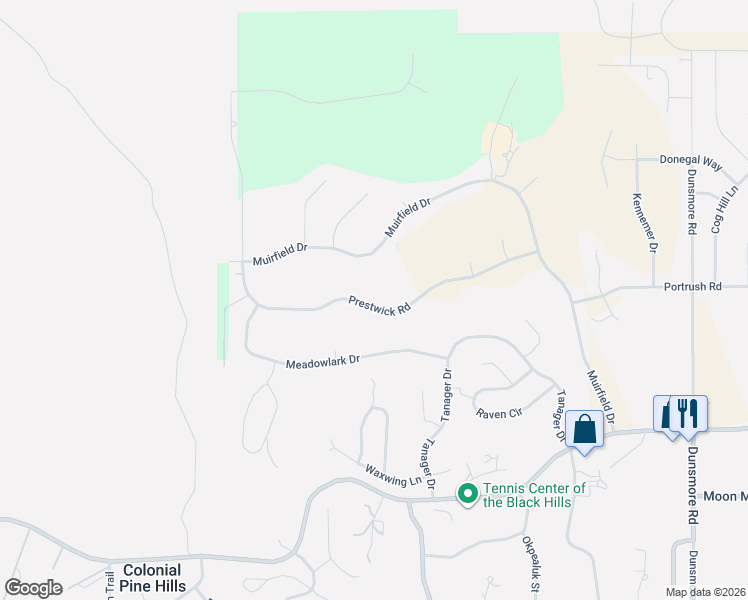 map of restaurants, bars, coffee shops, grocery stores, and more near 7115 Prestwick Road in Rapid City
