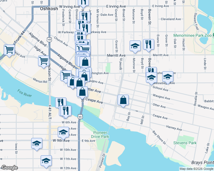 map of restaurants, bars, coffee shops, grocery stores, and more near 226 Court Street in Oshkosh