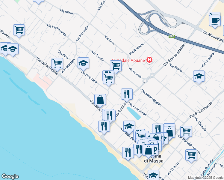 map of restaurants, bars, coffee shops, grocery stores, and more near 8 Via Pontremoli in Marina di Massa