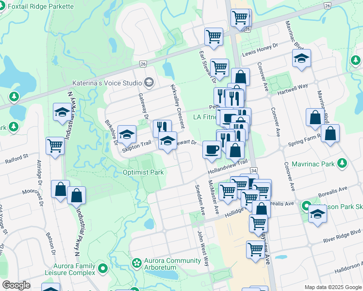 map of restaurants, bars, coffee shops, grocery stores, and more near 57 Earl Stewart Drive in Aurora