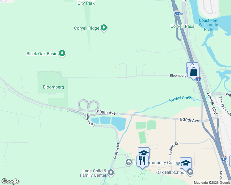 map of restaurants, bars, coffee shops, grocery stores, and more near 33200 Bloomberg Road in Eugene