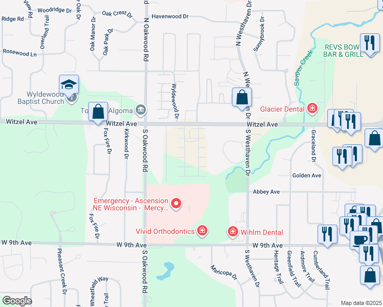 map of restaurants, bars, coffee shops, grocery stores, and more near 2633 Witzel Avenue in Oshkosh