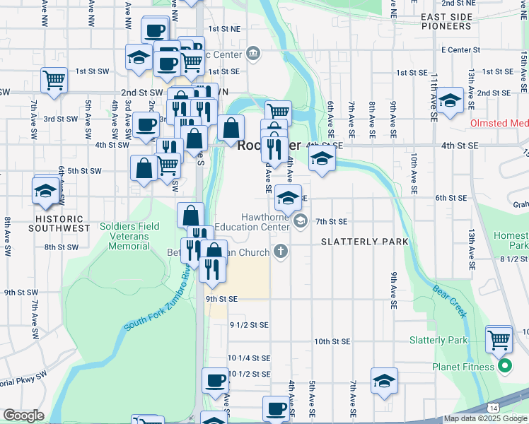 map of restaurants, bars, coffee shops, grocery stores, and more near 626 3rd Avenue Southeast in Rochester