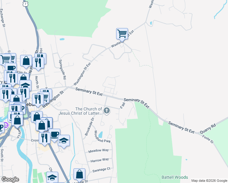 map of restaurants, bars, coffee shops, grocery stores, and more near 80 Seminary Street Extension in Middlebury