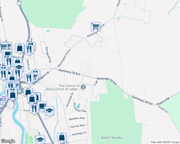map of restaurants, bars, coffee shops, grocery stores, and more near 80 Seminary Street Extension in Middlebury