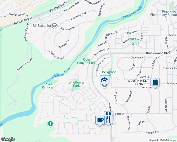 map of restaurants, bars, coffee shops, grocery stores, and more near 60974 Snowbrush Drive in Bend