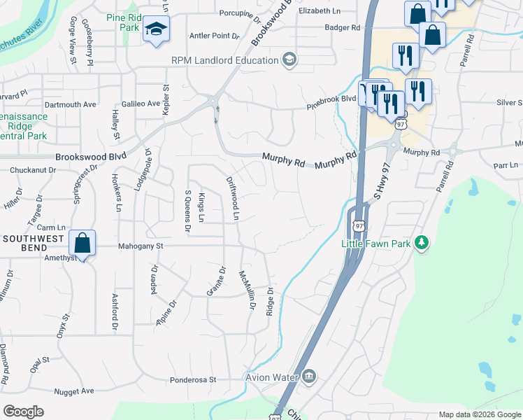 map of restaurants, bars, coffee shops, grocery stores, and more near 19967 Terrace Lane in Bend