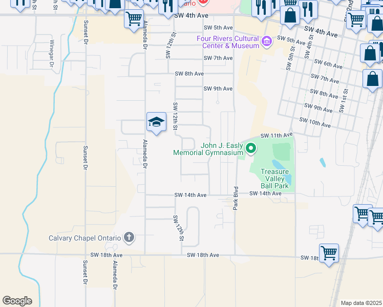 map of restaurants, bars, coffee shops, grocery stores, and more near 1131 Lilac Lane in Ontario
