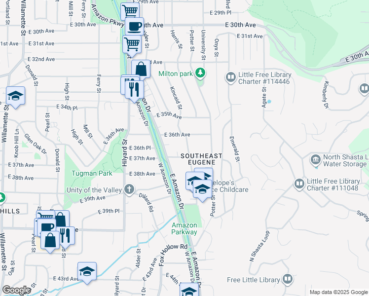 map of restaurants, bars, coffee shops, grocery stores, and more near 3690 Kincaid Street in Eugene
