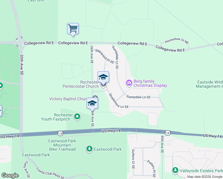 map of restaurants, bars, coffee shops, grocery stores, and more near 608 Strathmore Lane Southeast in Rochester