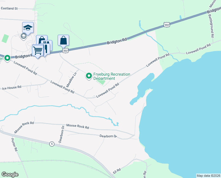 map of restaurants, bars, coffee shops, grocery stores, and more near 185 Lovewell Pond Road in Fryeburg