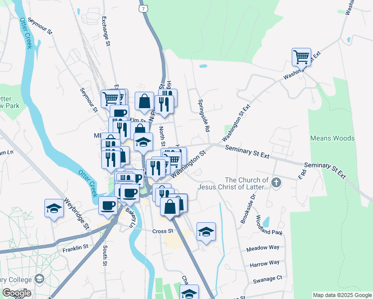 map of restaurants, bars, coffee shops, grocery stores, and more near 32 Seminary Street in Middlebury