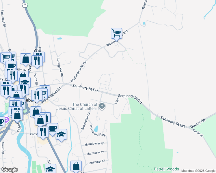 map of restaurants, bars, coffee shops, grocery stores, and more near 80 Seminary Street Extension in Middlebury
