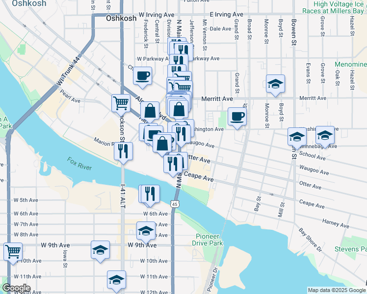 map of restaurants, bars, coffee shops, grocery stores, and more near 1 Pearl Avenue in Oshkosh