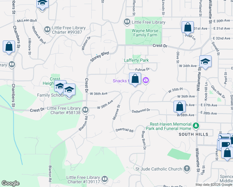 map of restaurants, bars, coffee shops, grocery stores, and more near 810 West 38th Avenue in Eugene
