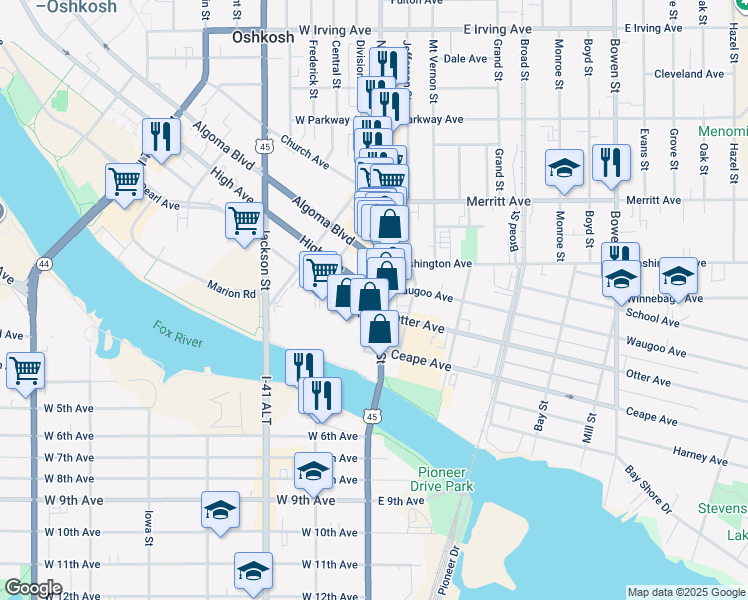 map of restaurants, bars, coffee shops, grocery stores, and more near 1 Pearl Avenue in Oshkosh