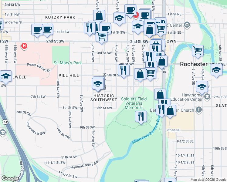 map of restaurants, bars, coffee shops, grocery stores, and more near 511 7th Street Southwest in Rochester