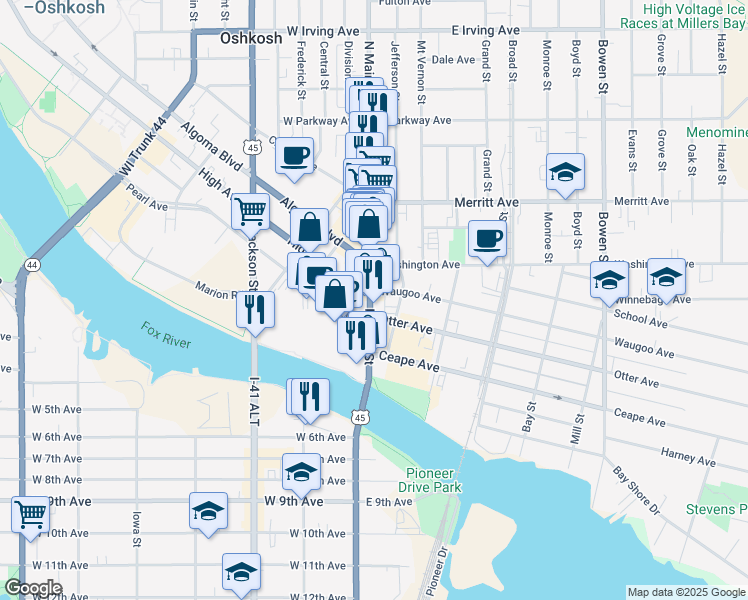map of restaurants, bars, coffee shops, grocery stores, and more near 1 Pearl Avenue in Oshkosh