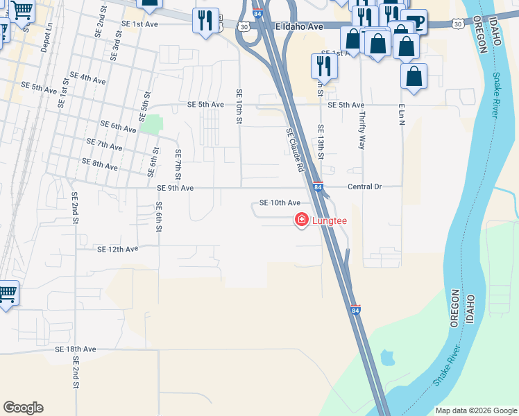 map of restaurants, bars, coffee shops, grocery stores, and more near 1066 Southeast 10th Avenue in Ontario