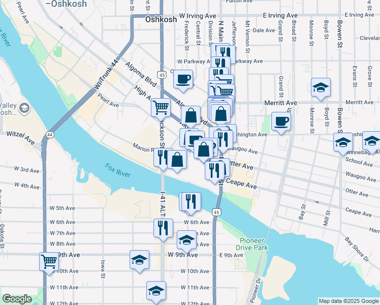 map of restaurants, bars, coffee shops, grocery stores, and more near 358 City Center in Oshkosh