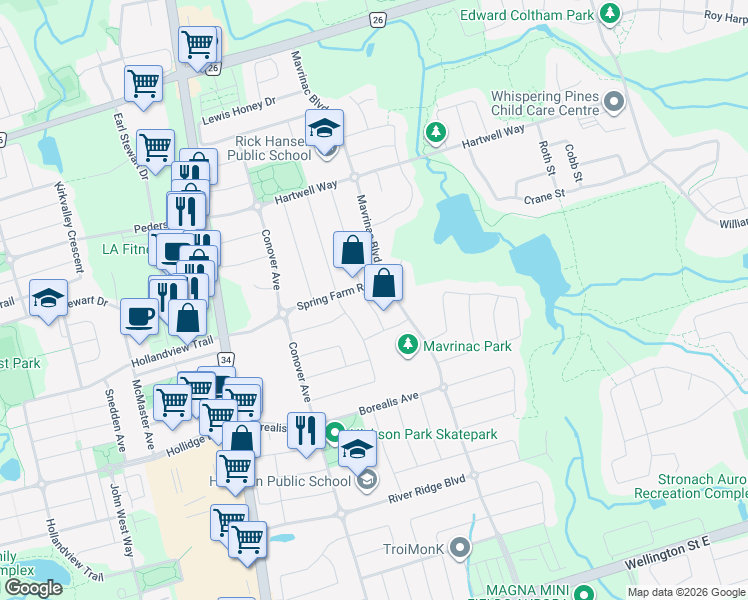 map of restaurants, bars, coffee shops, grocery stores, and more near 35 Usherwood Street in Aurora