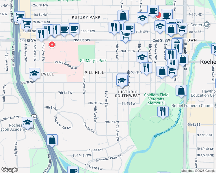 map of restaurants, bars, coffee shops, grocery stores, and more near 623 8th Avenue Southwest in Rochester