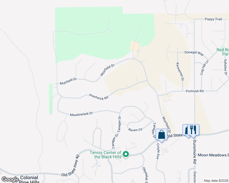 map of restaurants, bars, coffee shops, grocery stores, and more near Prestwick Road in Rapid City