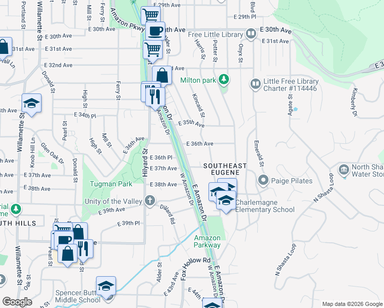 map of restaurants, bars, coffee shops, grocery stores, and more near 3695 East Amazon Drive in Eugene