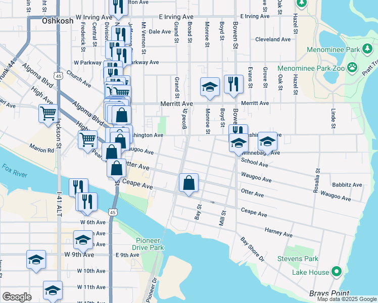 map of restaurants, bars, coffee shops, grocery stores, and more near 525 Waugoo Avenue in Oshkosh