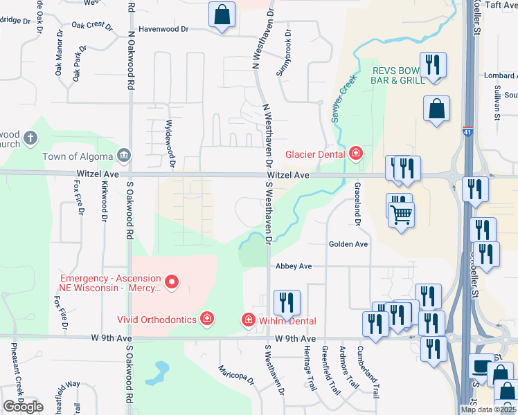 map of restaurants, bars, coffee shops, grocery stores, and more near 2485 Westhaven Court in Oshkosh