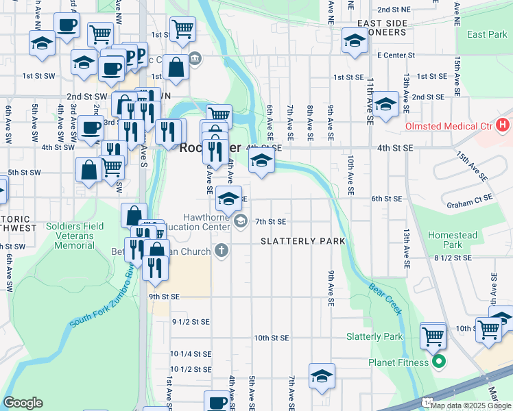 map of restaurants, bars, coffee shops, grocery stores, and more near 517 7th Street Southeast in Rochester