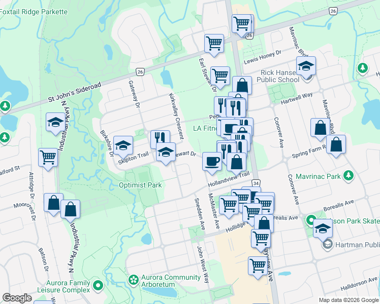 map of restaurants, bars, coffee shops, grocery stores, and more near 66 Earl Stewart Drive in Aurora