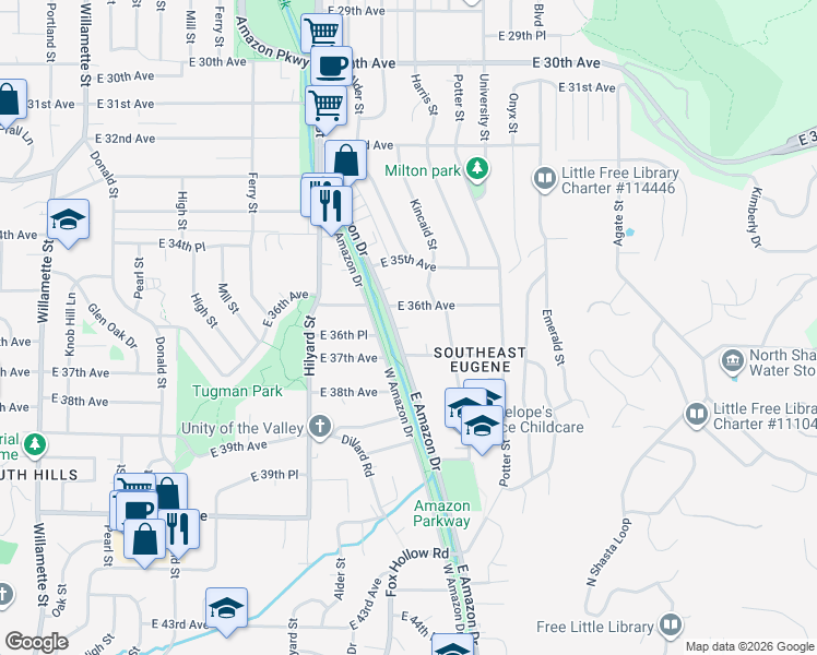 map of restaurants, bars, coffee shops, grocery stores, and more near 3695 East Amazon Drive in Eugene