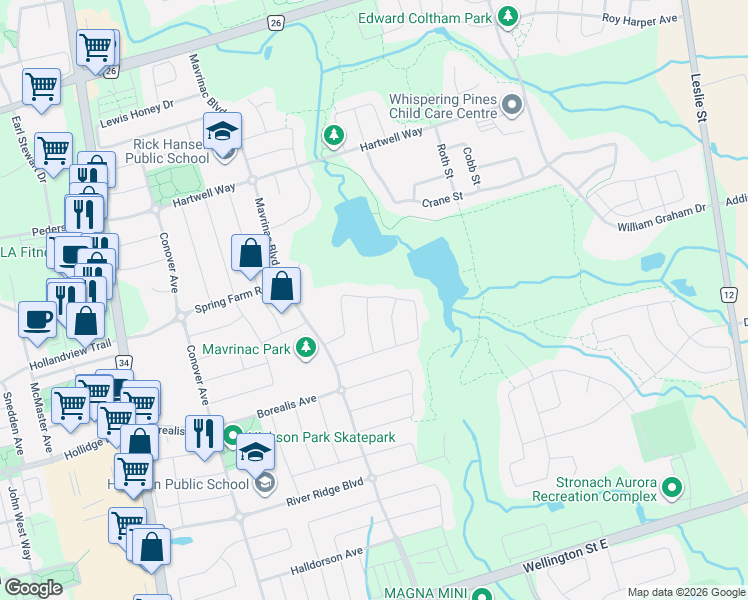 map of restaurants, bars, coffee shops, grocery stores, and more near 204 Ivy Jay Crescent in Aurora